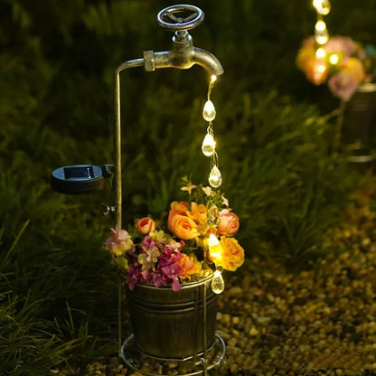 Solar Watering Tap Lights Led Sprinkles Waterproof Iron Planter Yard Outdoor Garden Decoration